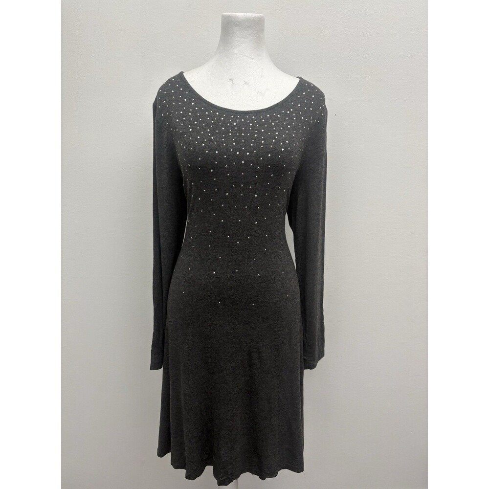 Nina Leonard Dress Medium Gray Long Sleeve Pockets Rhinestone Sequin Embellished